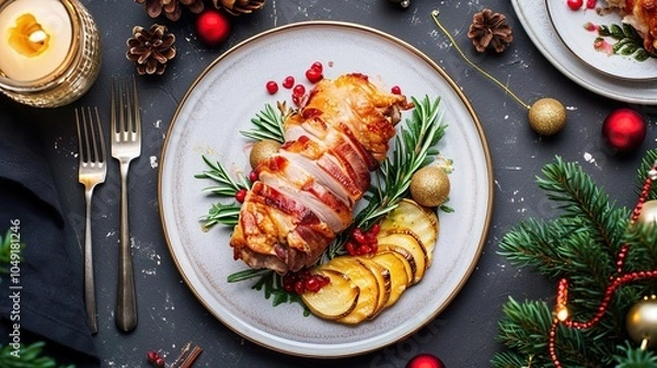 Obraz Sliced roll baked veal and with spices and vegetables. Top view.