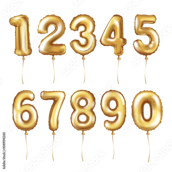 Fototapeta Set of gold foil latex balloons. Numbers. Helium balloon, golden. Realistic vector illustration for holiday, birthday, festival