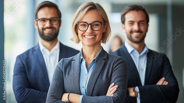 Obraz A business team of three people, A photo of a smiling businesswoman standing with his arms crossed in front