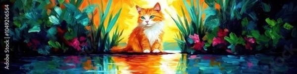 Fototapeta Vibrant Orange Cat by Tranquil Water at Sunset with Lush Greenery and Colorful Flowers Creating a Serene Atmosphere in Nature