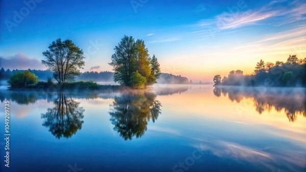 Fototapeta Serene lake at dawn with mist rising from the water surface and surrounding trees, reflecting a soft blue sky, morning, reflection, mist, calm