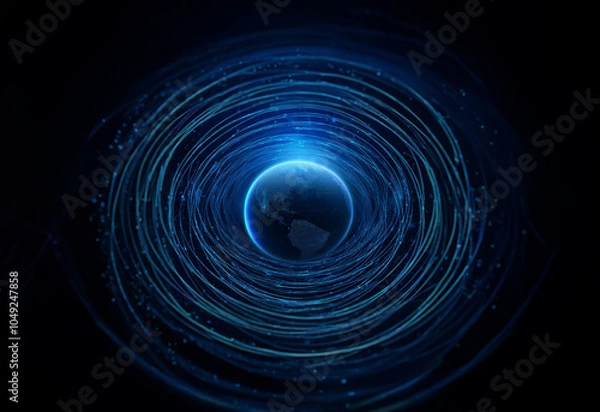 Obraz A blue globe surrounded by glowing concentric rings against a black backdrop.