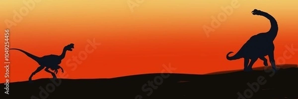 Obraz silhouette of dinosaurs . Orange red black background illustration Brachiosaurus dinosaur standing with Oviraptor dinosaur.
