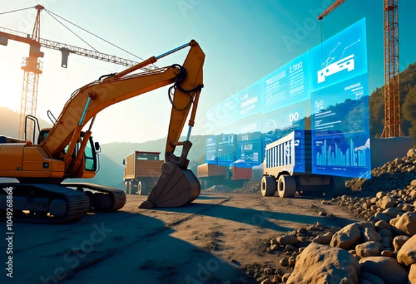 Obraz Construction Site with Excavator and Digital Data