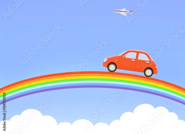 Fototapeta red car and rainbow