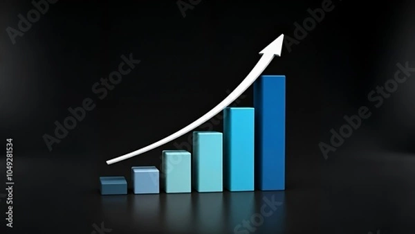 Fototapeta business graph with arrow, Ascending blue bar graph with white arrow indicating growth against a dark background.