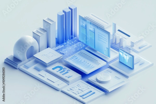 Fototapeta A blue and white gradient isometric illustration of an abstract dashboard with bar charts, books, documents, and computer screens