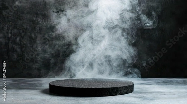 Fototapeta A sleek round black podium emerges from a smoky haze, perfect for showcasing products or creating captivating montages.