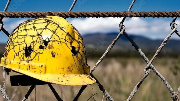 Fototapeta Worn Yellow Safety Helmet Hanging on Chain Link Fence in Field : Generative AI