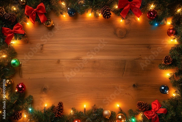 Fototapeta Festive Christmas garland with red bows, ornaments and lights framing a wood background creating a cheerful Christmas scene.