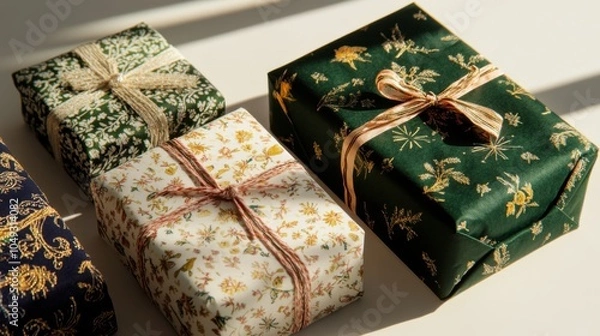 Fototapeta お祝いのお祝いにぴったりの装飾模様のエレガントなホリデーギフトラッピング