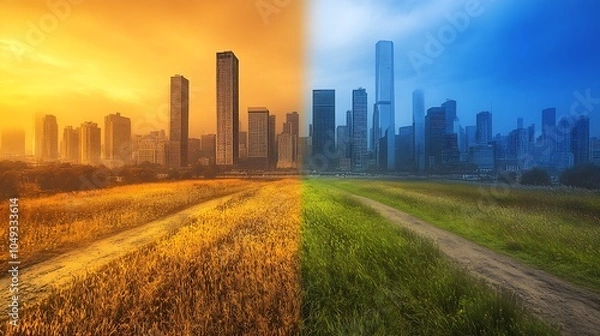 Fototapeta DualColored Field with Urban Skyline in Orange and Blue Light : Generative AI