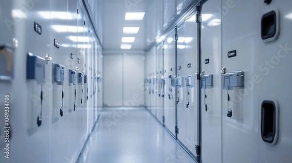 Fototapeta Clean and Efficient Storage Hallway with White Cabinets and Modern Lighting : Generative AI
