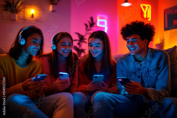 Fototapeta Group of friends in a room lit with colorful neon lights using smartphones and headphones.