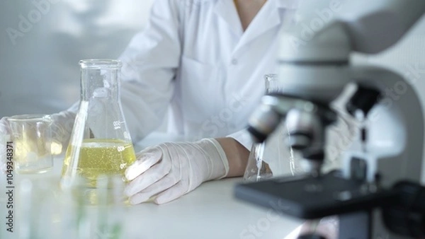 Fototapeta A scientist, wearing a lab coat and white protective gloves, is pouring a yellow oily liquid from one beaker to another near microscope in laboratory, close up. Medicine and science concept