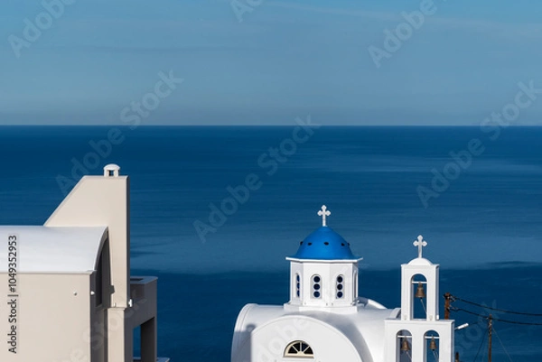 Obraz Santorini church and view towards the deep blue sea. Greece.