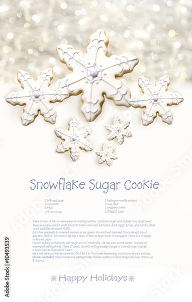 Fototapeta Snowflake sugar cookies with recipe on holiday background