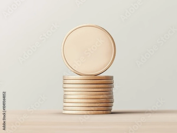Fototapeta Stack of gold coins with one coin standing on top, placed against a beige background, representing money management