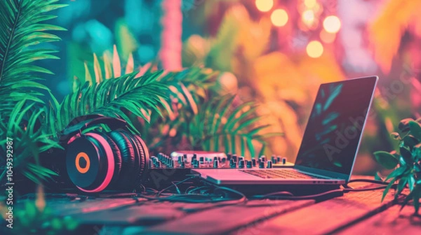 Obraz Tropical dj setup with laptop and headphones in lush jungle ambiance