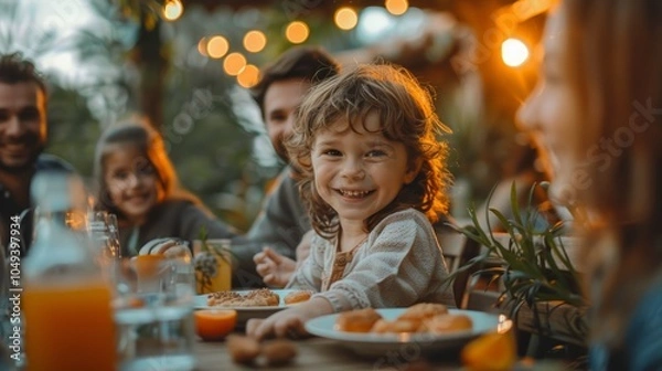 Fototapeta A little girl smiles at the camera while sitting at a table with her family for a meal outdoors.