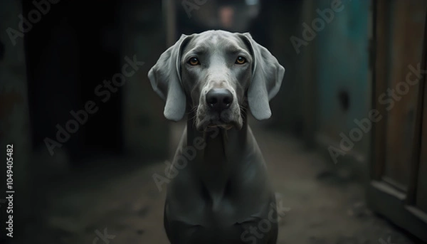 Fototapeta Weimaraner Dog Sitting in Dimly Lit Room with Gentle Expression