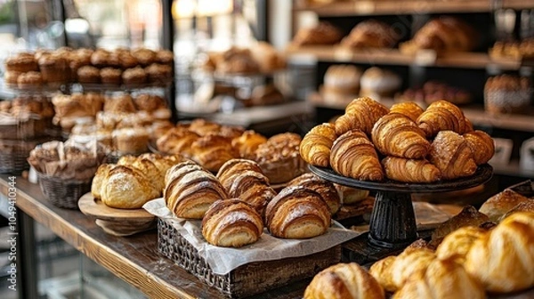 Fototapeta Close-up of a bakery counter showcasing freshly baked bread loaves, croissants, and muffins with a rustic charm