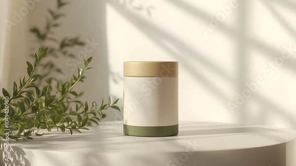 Obraz Blank mockup template of a packaging label on a small cylindrical tea container, surrounded by soft shadows and natural light.