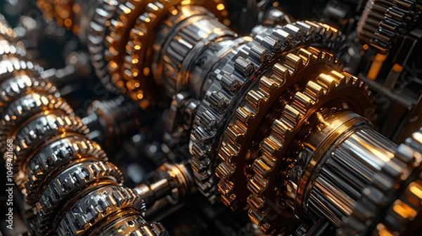 Fototapeta A close up of a large number of gears, some of which are gold