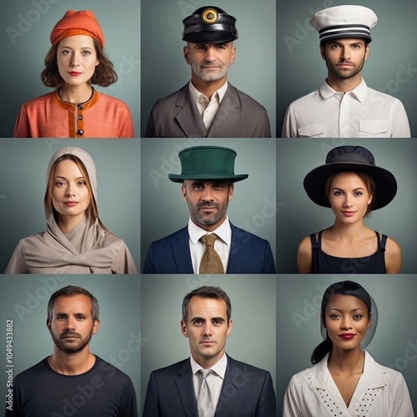 Fototapeta Portrait grid of people in diverse hats and attire on green background. Studio headshot photography with various styles.
