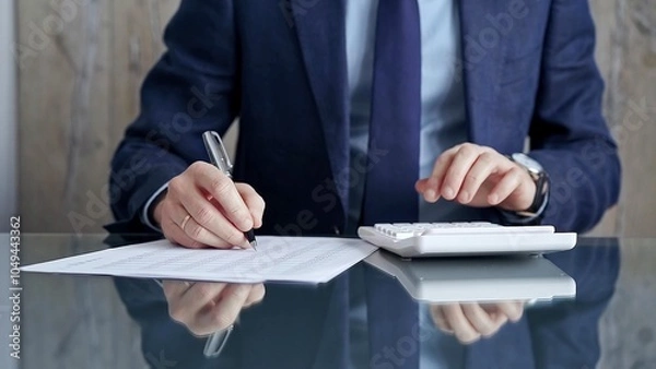 Fototapeta Businessman or auditor analyzing financial documents with magnifying glass and calculator at his glass office desk in formal blue jacket. Business people concept