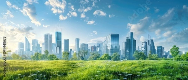 Obraz Panoramic shot of a modern city powered by renewable energy, showcasing sustainable technologies and green infrastructure, representing a new economy
