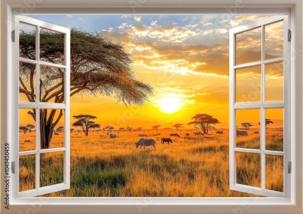 Obraz 3D White Window with African Savanna View