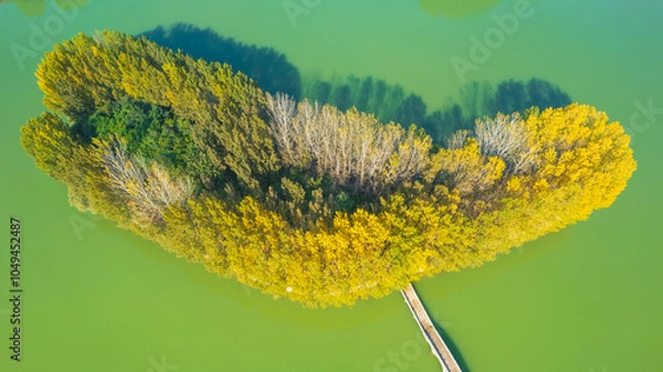 Obraz Aerial photo of a beautiful golden island in the middle of a lake surrounded by blue-green water