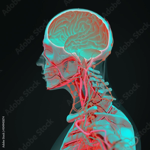 Fototapeta Human anatomy 3D futuristic technology scan. Head profile and brain side section. Vibrant colors. Biological information. Sci-fi.
