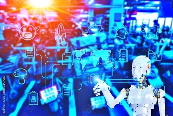 Fototapeta A robot is pointing at a blue and white image of a crowded a lot food delivery rider with data analytics various icons, robot software data analysis 