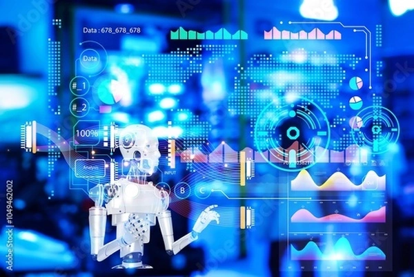 Fototapeta A robot is shown in a computer data analytics screen with a blue background. The robot is looking and data analysis customer The computer screen is filled with various graphs and numbers and customer 