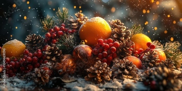 Fototapeta a bunch of oranges and pine cones with snow