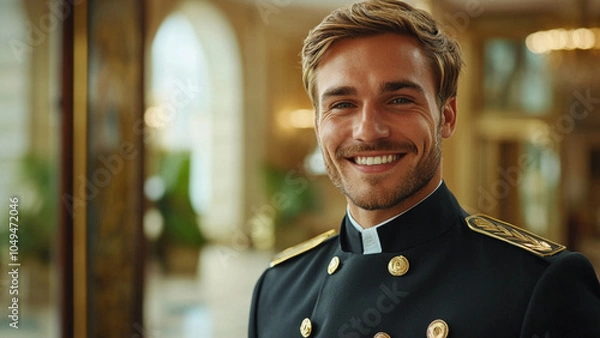 Obraz Caucasian Man Concierge - smiling man, uniform, military style, portrait, elegance, hotel staff, professional attire, happy expression, luxury interior, young adult