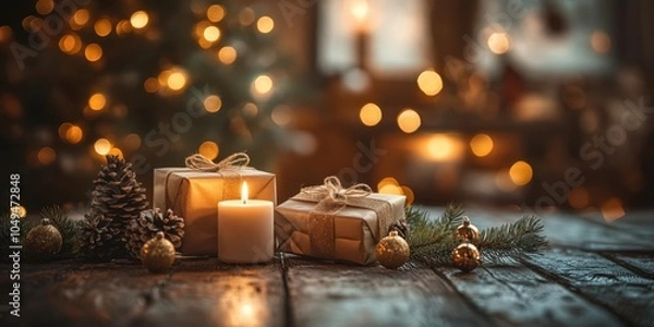 Fototapeta two candles and a christmas tree with lights in the background