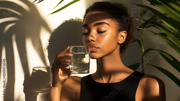 Fototapeta Woman enjoying a refreshing drink with soft shadows and plants