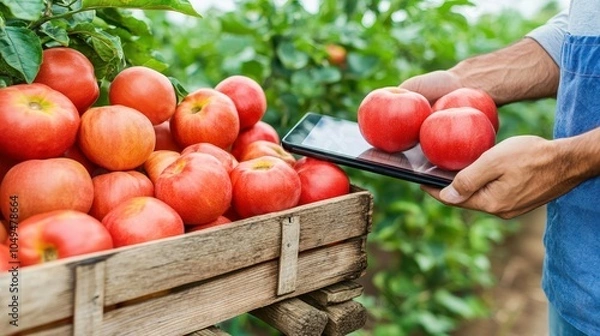 Fototapeta Farmers use technology to monitor apple harvests and enhance crop management efficiently