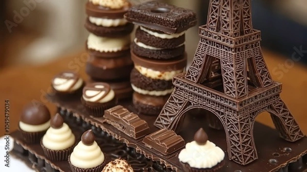 Fototapeta Delight in chocolate explore a decadent dessert display featuring parisian-inspired edibles