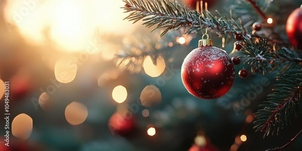 Fototapeta a close up of a christmas tree with a red orname