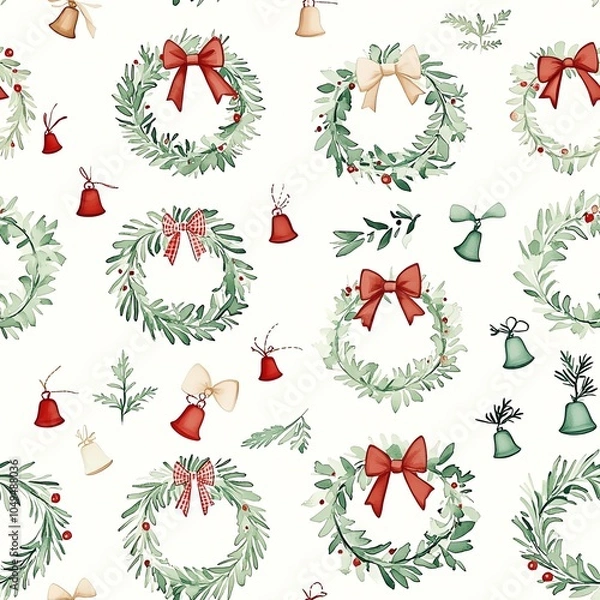 Obraz Simple watercolor Christmas wreaths with bells and bows, light green and red tones, floating on a soft cream background, seamless pattern