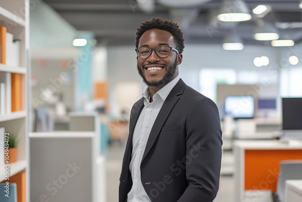 Obraz Retrato de homens jovens em ambiente de escritório moderno, sorrindo e usando trajes formais, criado por IA generativa.