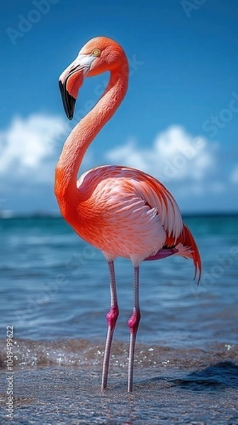 Fototapeta flamingo enjoying a vacation by the sea vividly colored against a blue sky capturing the relaxation and joy of a tropical setting highlighting the beauty of wildlife in a picturesque environment