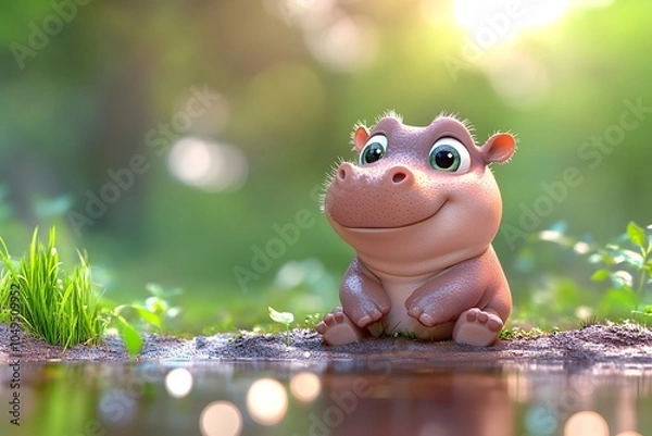 Fototapeta A cute baby hippopotamus with large eyes in a cartoon style, sitting on the ground near water in the savannah, smiling at the viewer