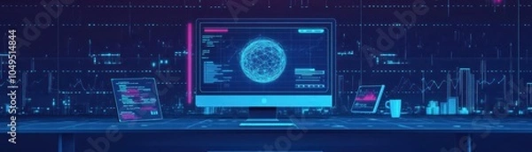 Obraz Cyber attack prevention software in flat design, front view, minimalistic theme, cartoon drawing, Complementary Color Scheme