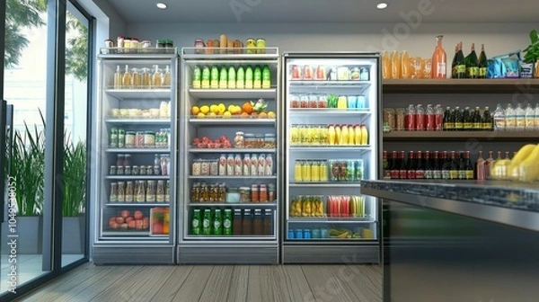 Fototapeta A clean, open refrigerator showcasing a variety of fresh foods, from vegetables to dairy and drinks, organized on spacious shelves, all under bright lighting.