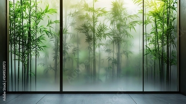 Fototapeta tropical bamboo trees behind the frosted glass in the fog with backlighting. decoration of green plants premises